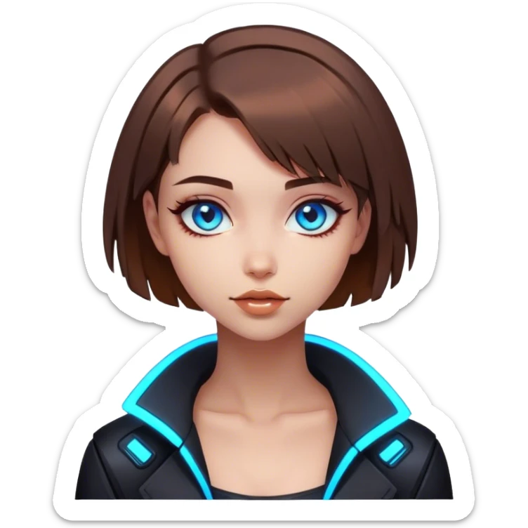 neon cyberpunk style 
girl with brown bob hair and blue eyes flirts sticker