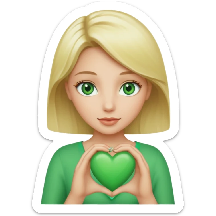 Create a blonde less angelic women with green eyes holding a green hearth sticker
