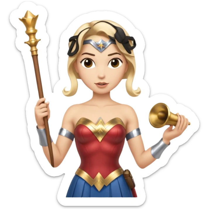 Blonde Wonder Woman holding bell and short white orchestra conductor’s baton  sticker