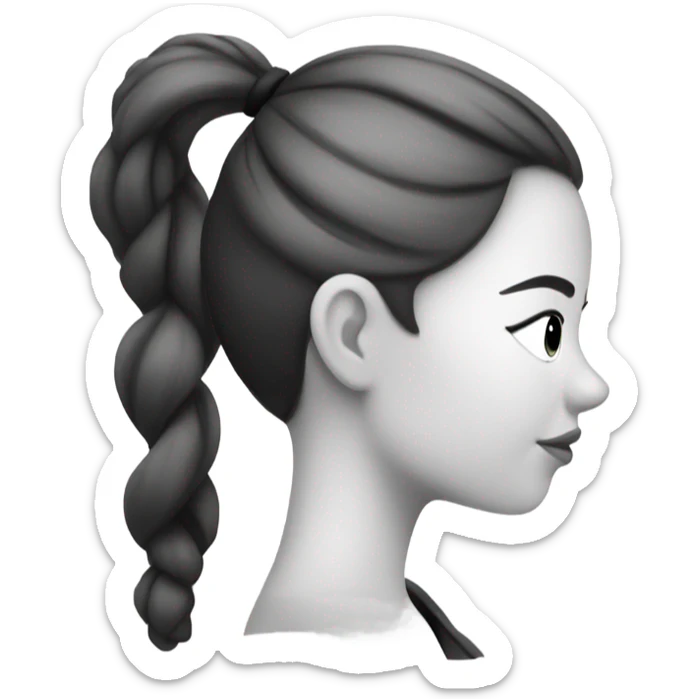 Bad drawing of a Side profile of a woman with a pony tail and black circles where blush would be, in black and white sticker
