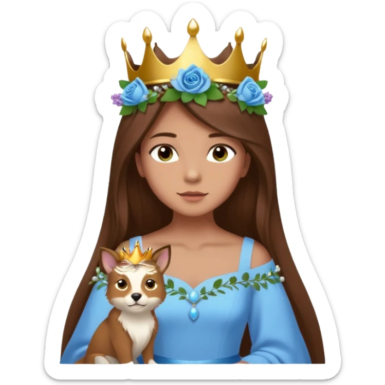 a 12 year old girl with shinny long brown hair and pretty green eyes that have long dark eye lashes wearing a sky blue gown in a beautiful forest with adorable animals and stunning roses and lilacs surrounding her as she smells the only sky blue rose she is also wearing a crown that has pearls sticker
