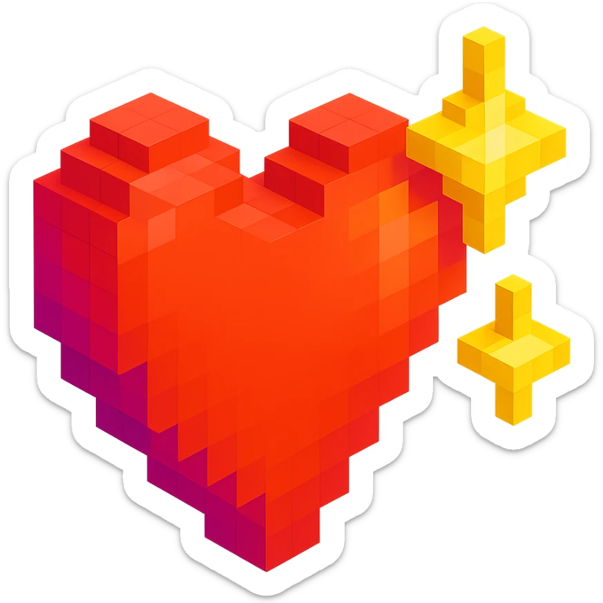 heart with sparkles, voxel style, simple, blocky, colorful sticker
