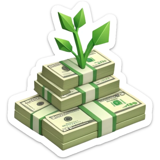 upward arrow next to a growing stack of cash money bills, financial growth sticker