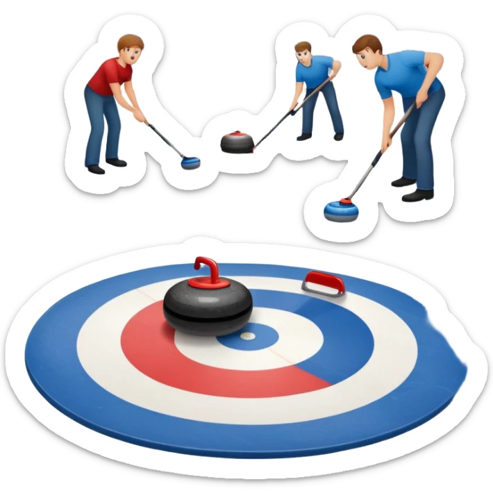 An icon showing a curling match on an indoor ice stadium, with a polished curling stone gliding toward the target and players sweeping. Spectators watch from stands, and flags hang above the rink. Transparent background highlights strategy and focus in the sport of curling. sticker