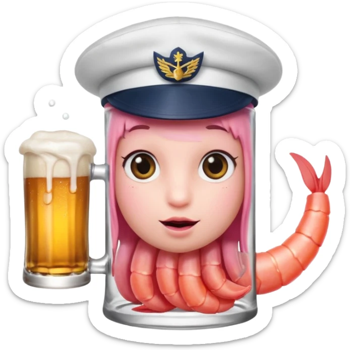 Genérame un camarón con tu tarro en mano de cerveza moderna, asomándose or un costado con cara de curiosidad  sticker