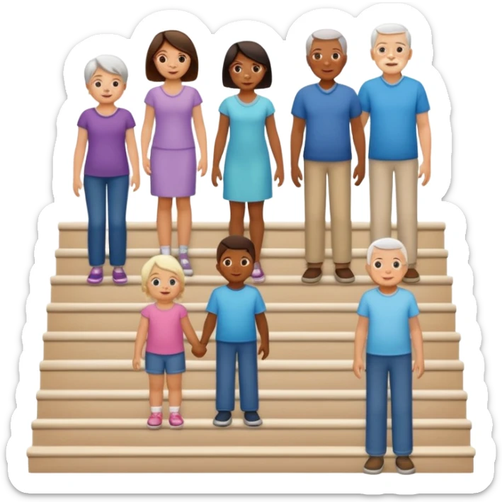 People of different stages of life standing each on different stair - infant, toddler, child, teenager, adult, Middle-aged and elderly sticker