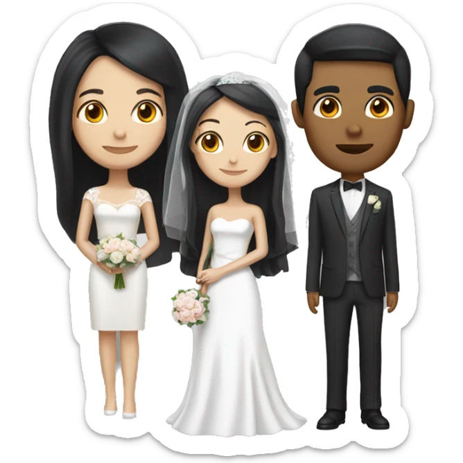 wedding couple, woman with black hair, man white brown hair. white skin.  sticker