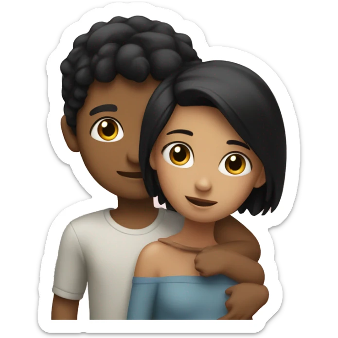 A girl with black hair hugs a little boy with blond hair sticker