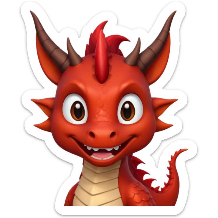 Cute Red dragon smile.  dark horns, pointed ears. Brown mane hair. Head only, Headshot sticker