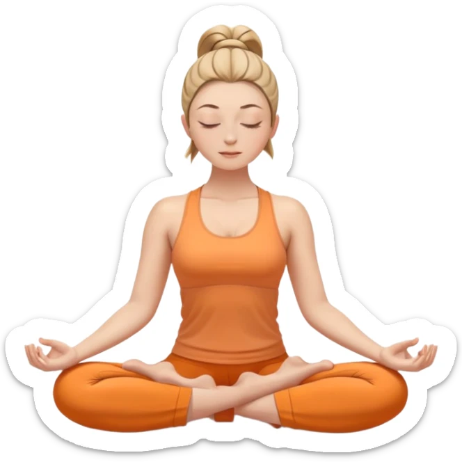 white woman with neat ponytail hairstyle, sitting in lotus position, meditating with closed eyes and serene expression, wearing light orange yoga outfit sticker