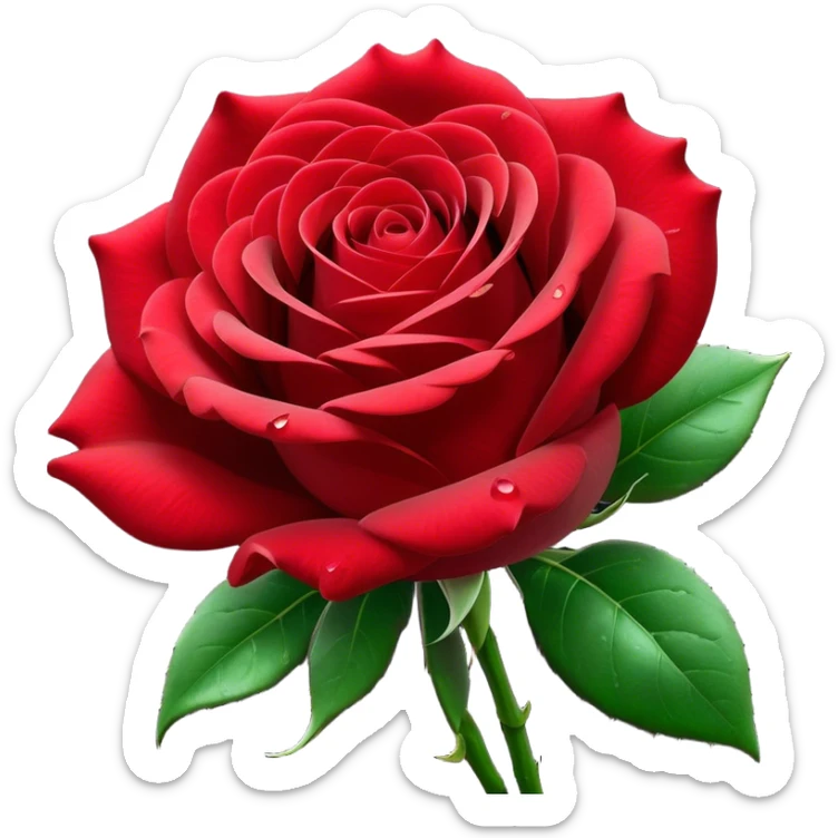 Cinematic Realistic Rose Emoji, Elegant and full of grace, with velvety, deep red petals unfurling in a perfect bloom, dew drops glistening on the soft edges, and a faint fragrance hanging in the air. The lush green leaves surround the stem, creating a vibrant contrast to the rich color of the petals. Soft glowing outline, capturing the essence of timeless beauty and romance in a single bloom. sticker
