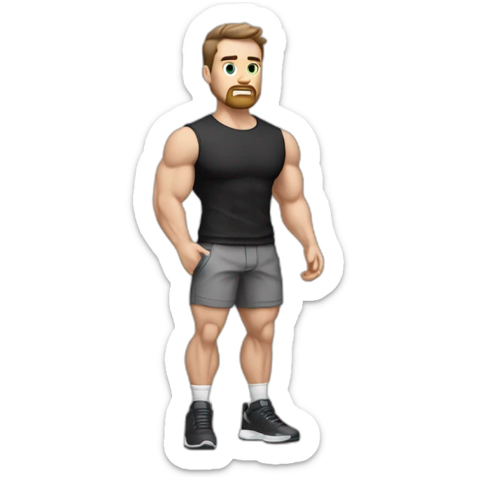 Confused Pale skinned Fit Man With the biceps and dark brown hair in black shirt, gray sports shorts and white Sneakers sticker