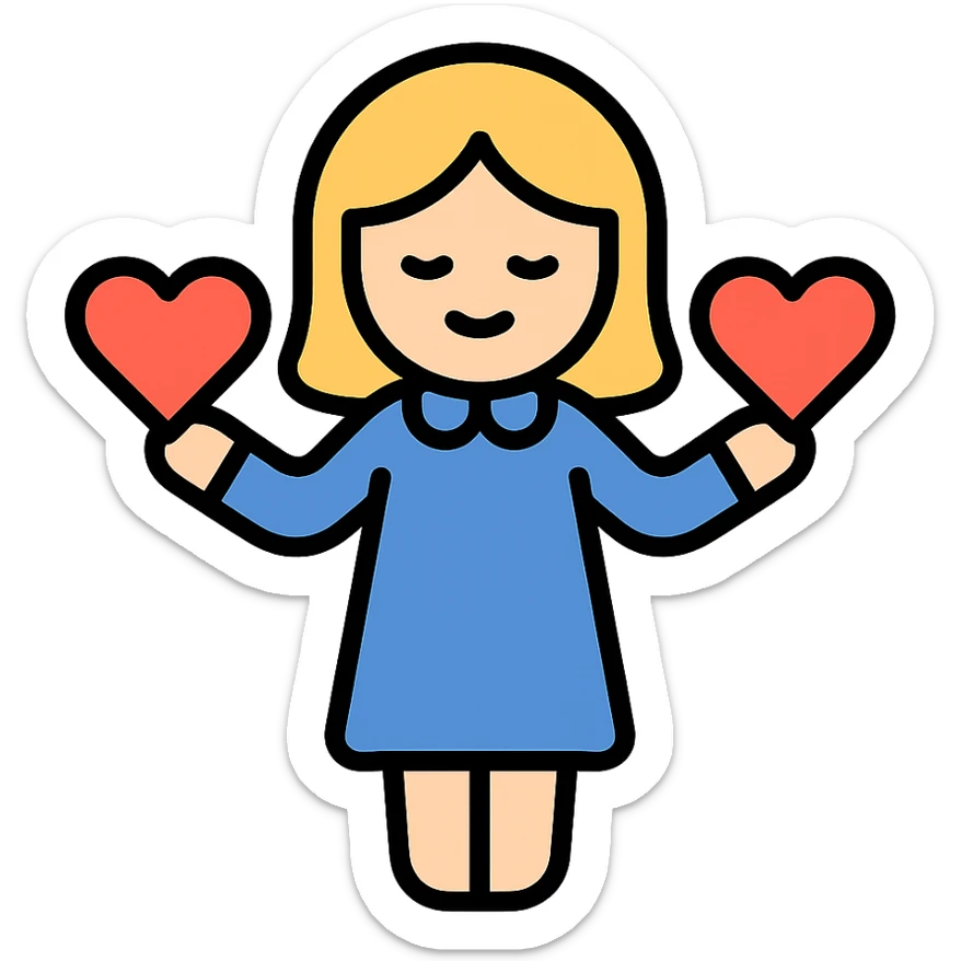 teacher with blond hair, wearing a dress, holding red hearts, white background sticker