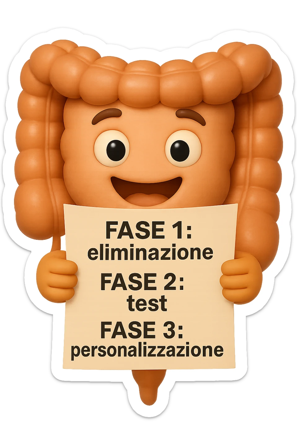 emoji stile iphone 3d di un intestino che tiene in mano un foglio con la scritta "FASE 1: eliminazione, FASE 2: test, FASE 3: personalizzazione, IPERREALISTICO 4K sticker