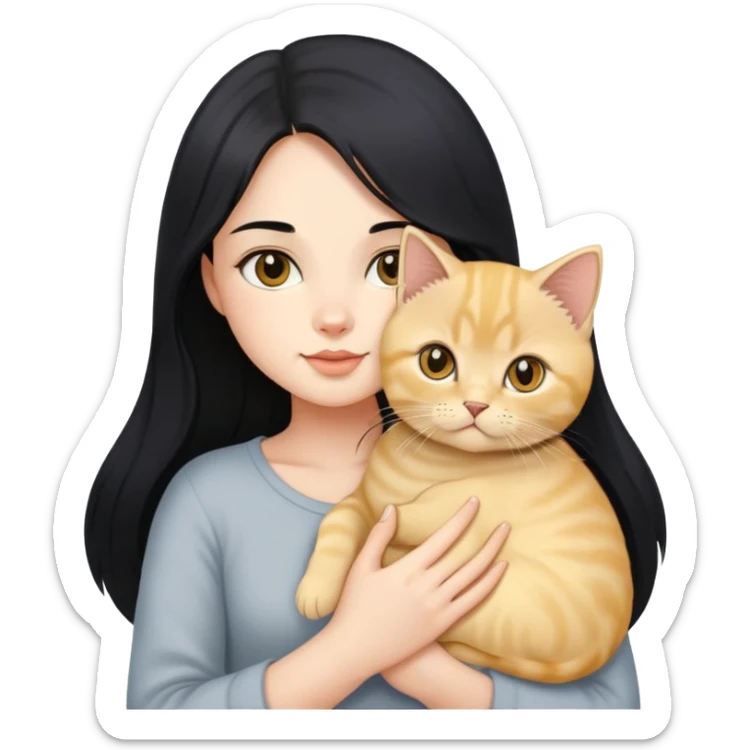 Beautiful girl with long black hair holding a cute golden British shorthair kitten in her arms sticker