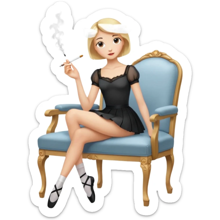 blonde, short-haired ballerina in a white English blouse, experienced with a sly look, has put her long legs on a chair in front of her, has a knee-length skirt, smokes sticker