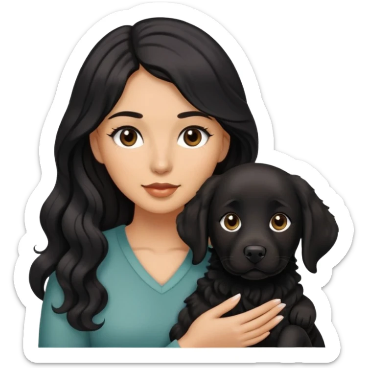 woman with olive skin, brown eyes and long lashes, and long black wavy hair holding all black labrador sticker