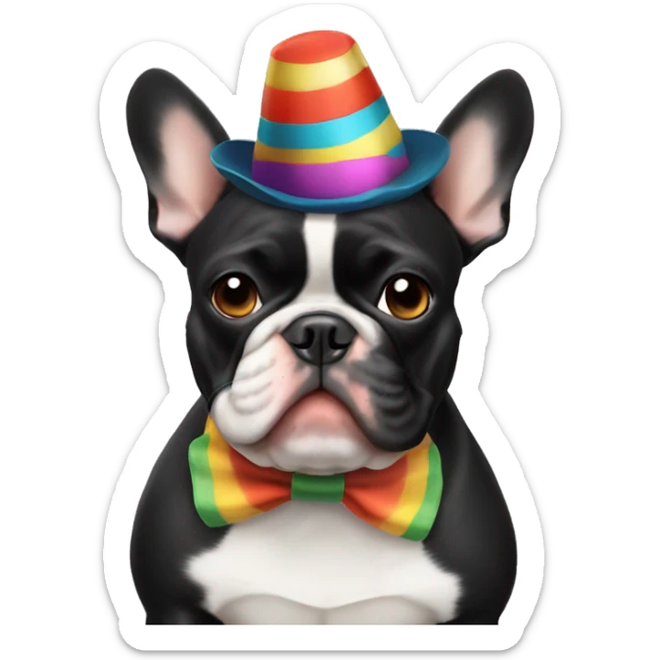 Black-and-tan French bulldog wearing a clown hat sticker