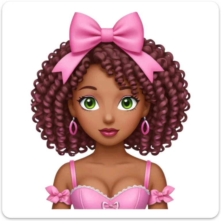 black woman with green eyes, curly hair, pink bow, pink corset, winking sticker