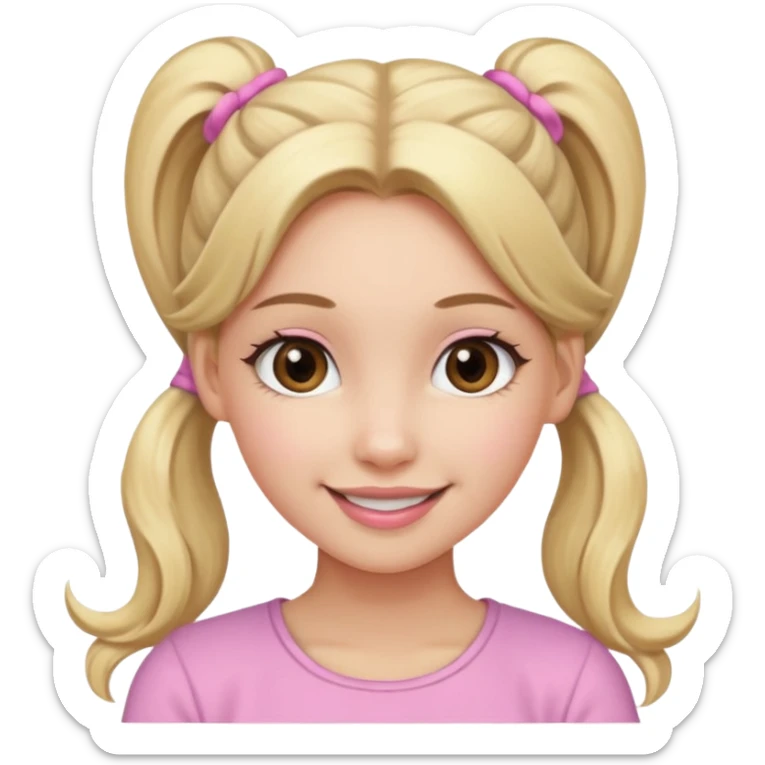 a cute woman is smiling, her hair is long, blonde and two ponytails, her eyes color are brown and the color of her lip is soft pink sticker