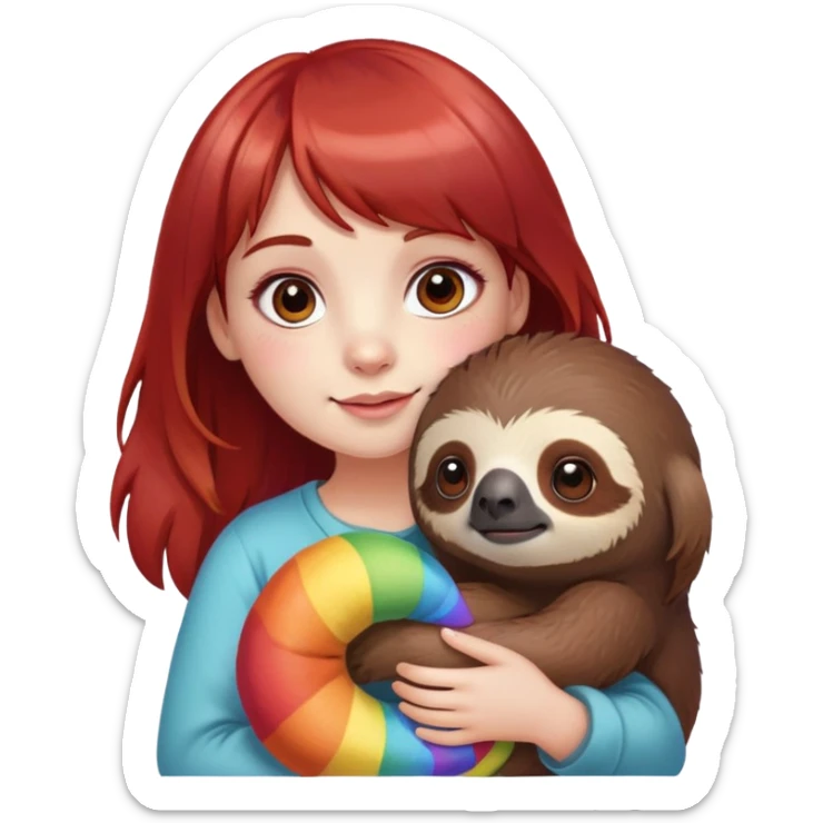 Cute girl with dark brown hair and red bangs holding a rainbow sloth stuffed animal  sticker