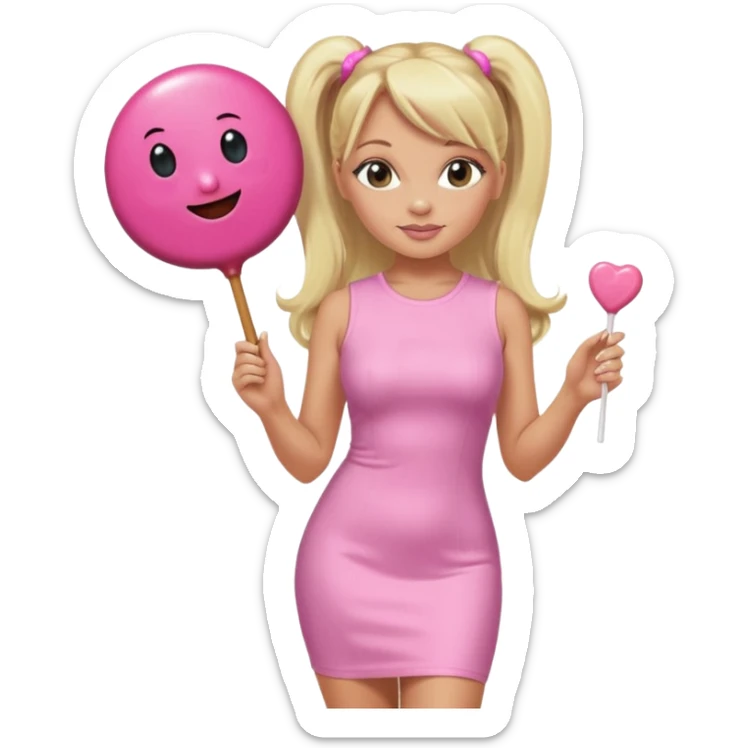 Emma Bunton with long blonde ponytails wearing light pink bodycon dress holding a lollipop sticker