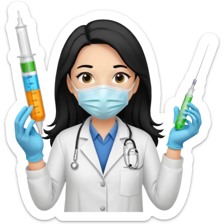 laboratorista con guantes  y mascarilla e insumos laboratorio  jeringa tubos  pelo negro largo triguella sticker