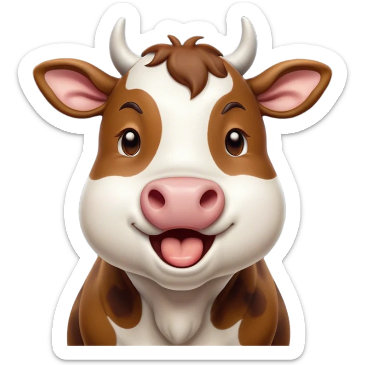 Cinematic Cute Yawning Brown and White Cow Portrait Emoji, Head tilted slightly with a dramatic, wide-open yawn, showcasing a smooth, patterned hide of brown and white, floppy ears slightly drooping, round brown eyes barely open in drowsy contentment, Simplified yet irresistibly adorable features, highly detailed, glowing with a soft, cozy glow, high shine, relaxed yet expressive, stylized with a touch of pastoral whimsy, bright and endearing, soft glowing outline, capturing the essence of a sleepy yet affectionate cow, so drowsy it feels like it could amble out of the screen and curl up for a nap! sticker