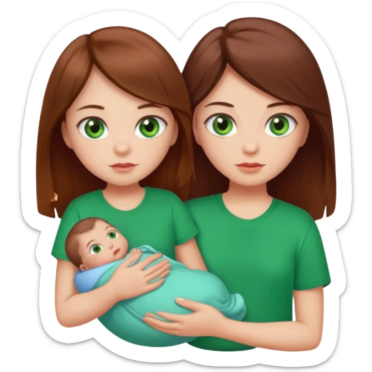 a girl with brown strait hair and has baby green eyes has a red t-shirt no baby sticker