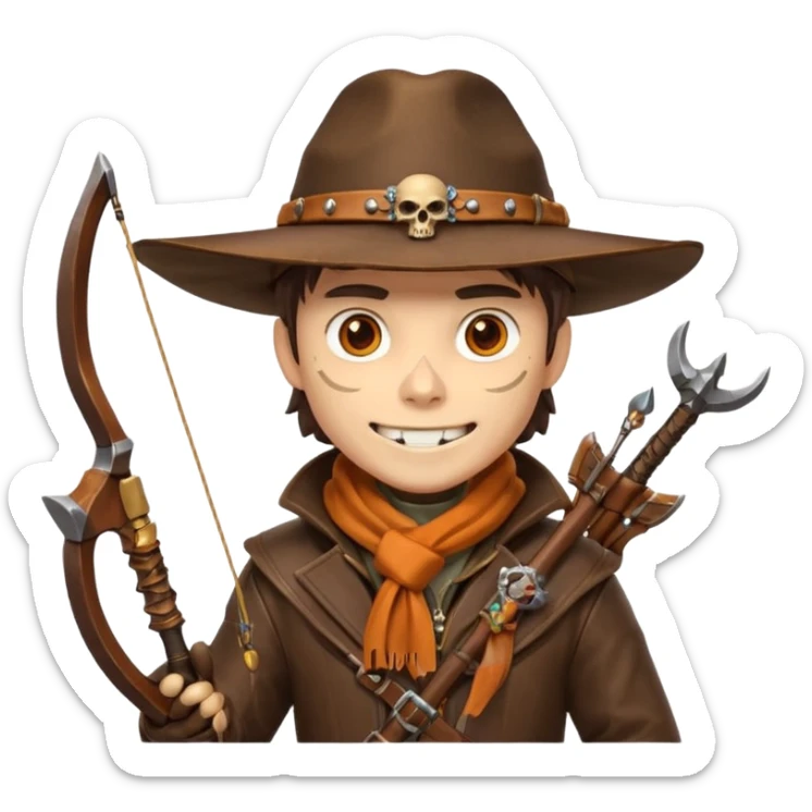 male human monster hunter emoji, wearing brown leather coat and wide hat, holding crossbow, with amulet shaped like skull, Halloween fantasy theme, confident smile, orange scarf, Apple emoji style, clean white background, square image sticker