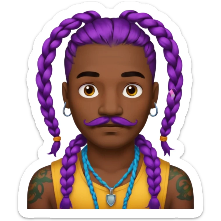 big lose braids starting from the top of the head man with mustache face wiith big visible loose only two braids and lots and lots of colored face tattoos colored tattoos like a tattoo artist hair unique color sticker