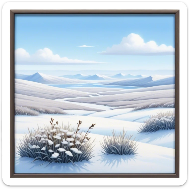 Cinematic Realistic Tundra Emoji in a wooden frame, Vast and cold, with wide expanses of snow-covered ground, sparse grasses poking through, and the occasional hardy shrub breaking up the pale white landscape. The sky above is a pale, frosty blue, and the light reflects off the snow, creating a serene yet starkly beautiful environment. Soft glowing outline, capturing the essence of a quiet, still, frozen wilderness where life endures despite the harsh conditions. sticker