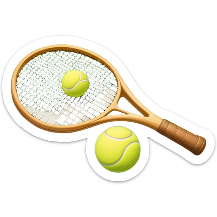 A tennis racket resting on the green grass of a tennis court, with a tennis ball placed nearby and the net stretching across the court. The background captures the fresh, open atmosphere of a traditional grass court, emphasizing the elegance and precision of the sport. sticker