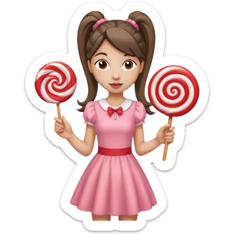 Girl with long dark ponytails wearing light pink body dress holding a lollipop sticker