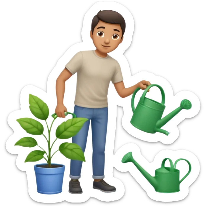 Realistic illustration of a man pouring water onto a green plant, standing outdoors in daylight, with a watering can in hand, gentle and caring expression, vibrant garden background, soft natural lighting, highly detailed, professional composition." sticker