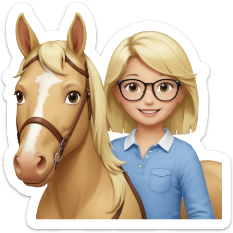 je voudrai un emoji d'une fille aux cheveux longs et blonds avec des lunettes qui fait plein de choses droles (1 avec un cheval, 1 derrière un écran ou une console, une entrain de découper, une entrain de faire un jeu de société, une qui cuisine, sticker