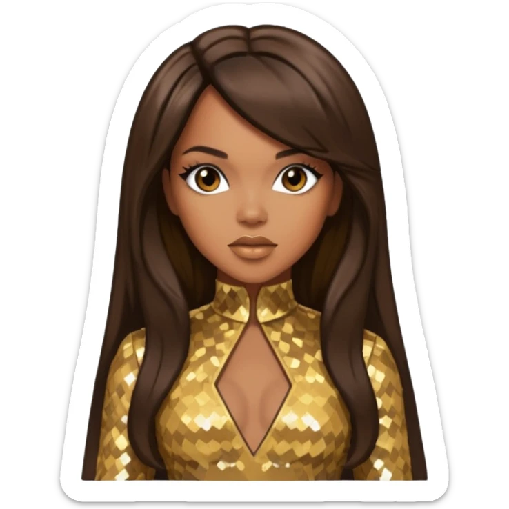 LeToya Luckett from Destiny's Child with dark brown long hair, gold outfit sticker