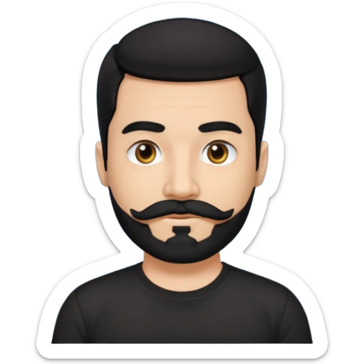 Man, hispanic skin, black hair, black beard, black mustache black eyes black t shirt sticker