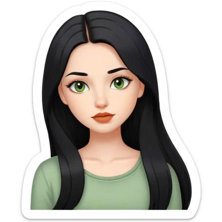 european girl with long black hair, long eyelashes, terracotta lips, light green top sticker
