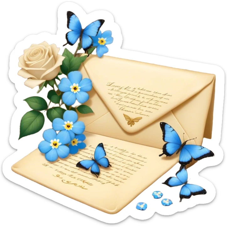 An intimate vignette of a golden wax-sealed letter placed on a vintage wooden desk, with a pair of blue butterflies hovering around a bouquet of soft ivory roses and baby blue forget-me-nots. sticker