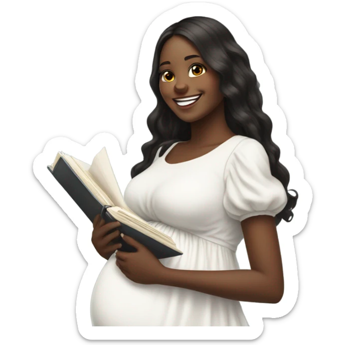 pregnant girl with long dark hair in a white dress with ruffles on it, holding an open photo album and looking at it with a smile sticker