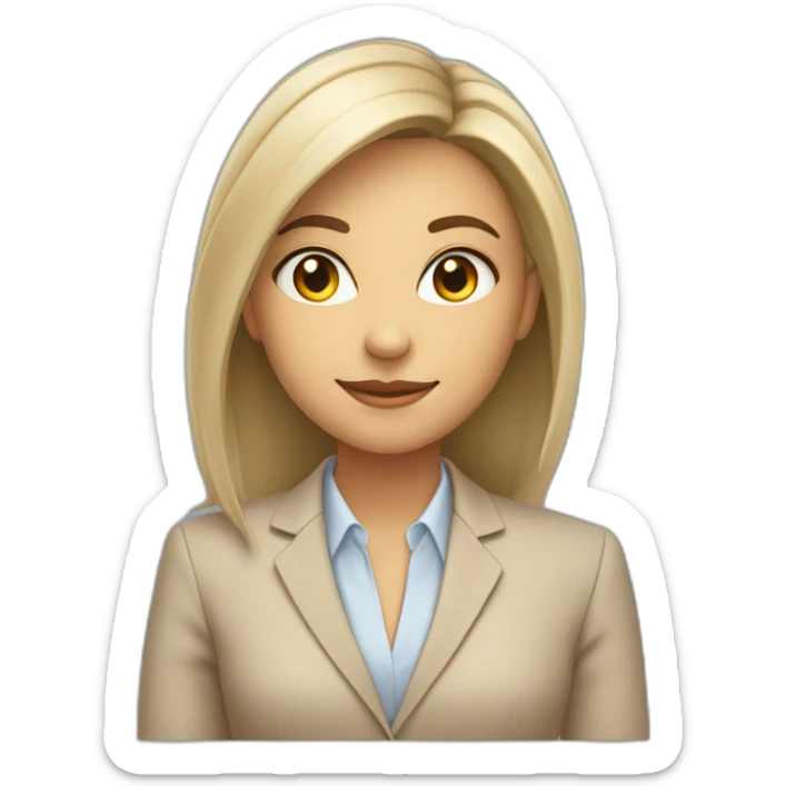 A girl with gray eyes and shoulder-length hair sits in a beige business suit at a laptop sticker