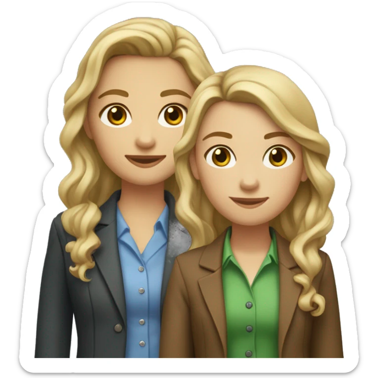 Two girls sitting: one with brown eyes, straight brown hair, fair skin, wearing a dress and boots, and the other with shoulder-length, curly blonde hair, blue eyes, a green blazer, and a white t-shirt. sticker