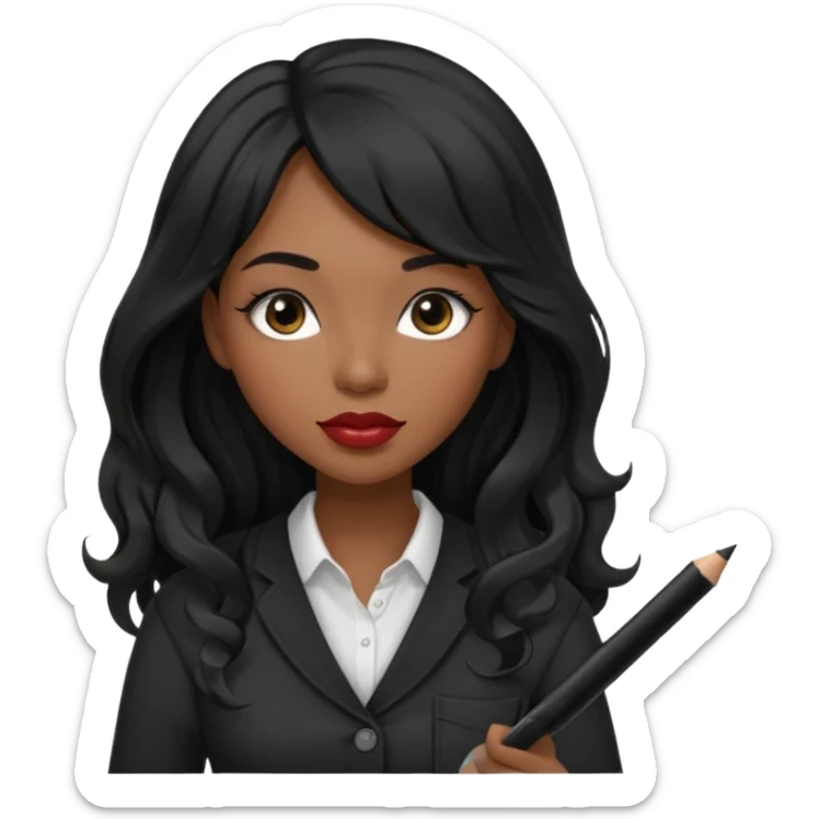 A young woman with long black hair, a wavy frange falling on half of her head.  She's black, medium to dark skinned with thick lips. She's holding something that let's us know she's the CEO of a creative agency, but she's wearing black casual clothes. she has long eyelashes. sticker