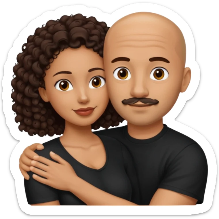 A picture of a tanned couple embracing. the man is a Mexican man with tanned skin, a bald hair cut, short beard and wearing a black shirt. the woman is mixed, with long curly dark brown hair and with big boobs  sticker