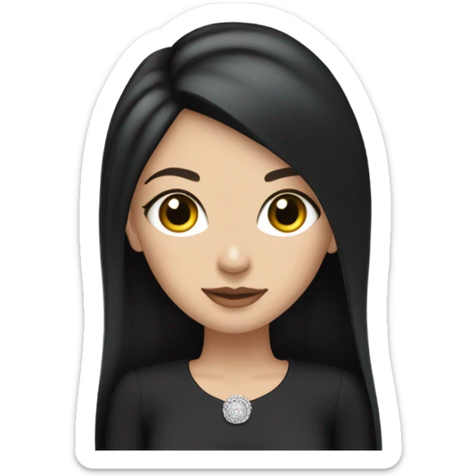 white girl with straight long black hair, wearing black dress with sleeves, hoops silver earrings and a silver necklace  sticker