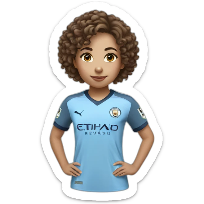 girl with short curly brown hair and eyes wearing Manchester City football shirt sticker