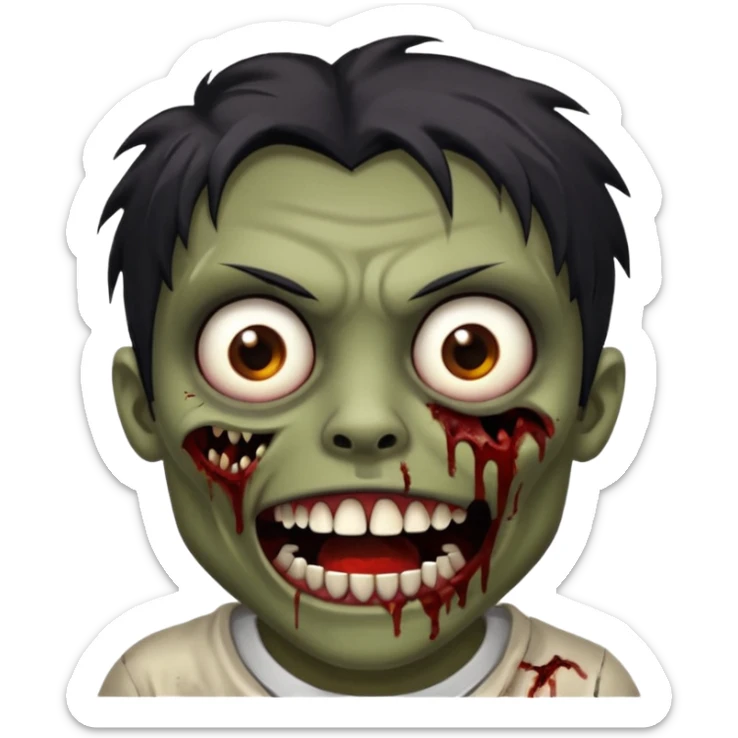 zombie with brown skin, messy black hair, wide centered brown eyes, dark bloody marks under the eyes, and a slightly open mouth showing crooked teeth grillz, giving a distressed, undead look. sticker