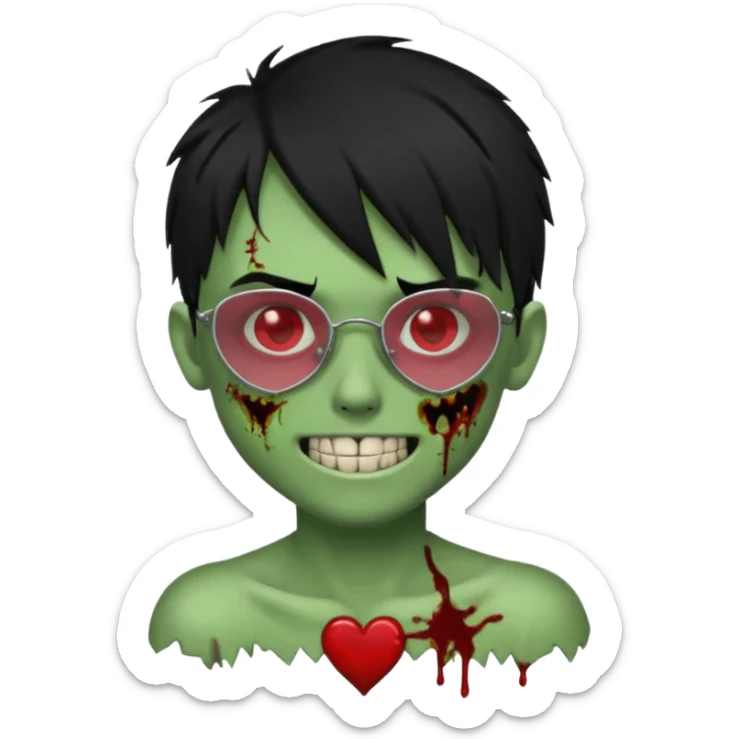 Zombie emo boy, green skin and black hair, chrome heart glasses and a scary cut open smile, scars and blood under eyes sticker