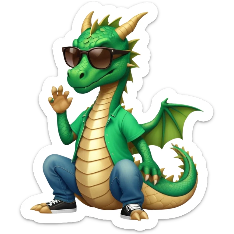 friendly anthropomorphised dragon in a hip-hop t-shirt and jeans with dark sunglasses, relaxed pose sticker